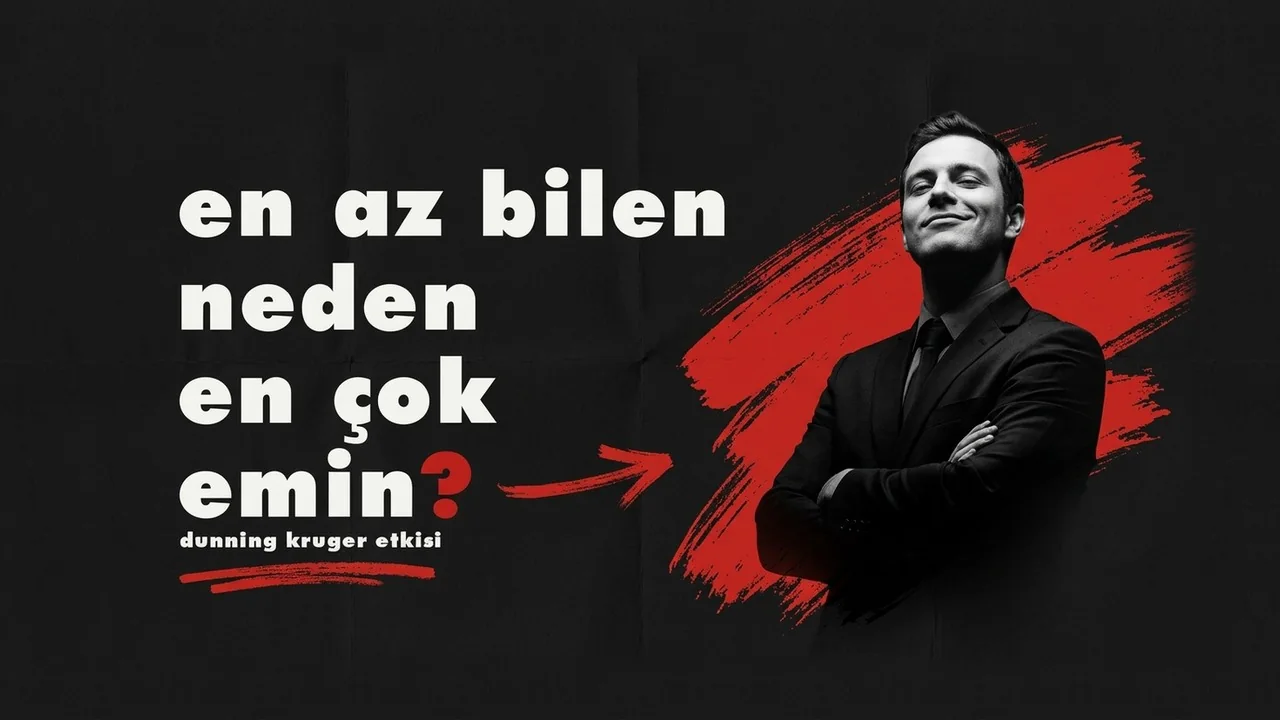 En az bilen neden en çok emin? başlıklı kapak. Kollarını kavuşturmuş, kendinden emin gülümseyen takım elbiseli bir adam ve arkasında kırmızı fırça darbesi